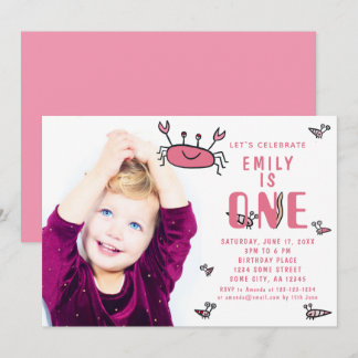 Pink Crab Sea Animals Girl Foto 1. Geburtstag Einladung