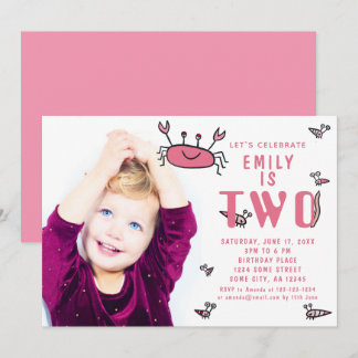 Pink Crab Sea Animals Girl Foto 2. Geburtstag Einladung
