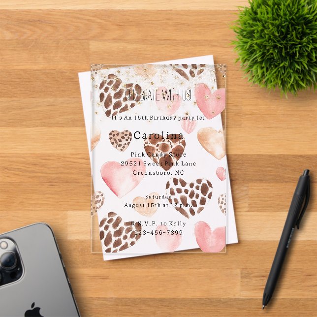 Pink Cream Animal Hearts Gold Sparkle Birthday Acryleinladungen (Insitu (Einladungskarte))