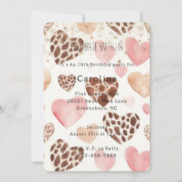 Pink Cream Animal Hearts Gold Sparkle Birthday Einladung