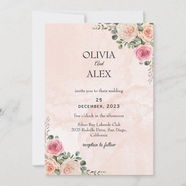Pink Cream Floral Elegant Wedding Invitation Einladung (Vorderseite)