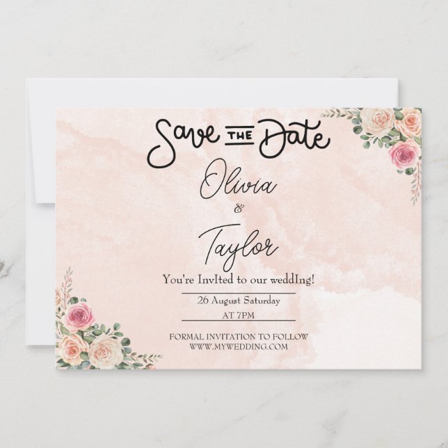 Pink Cream Floral Wedding Save the Date Cards Einladung (Vorderseite)