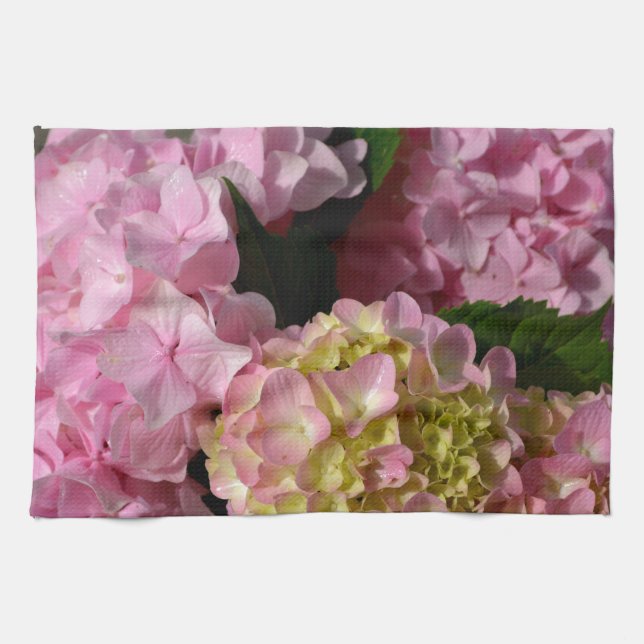 Pink Cream Hydrangeas gelb rosa grüne Blüte Küchentuch (Horizontal)
