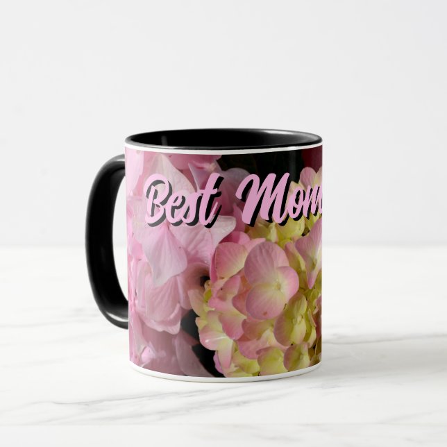 Pink Cream Hydrangeas gelbe, rosa Blumenmütter Tasse (Vorderseite Links)