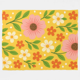 Pink, cream & Orange Flowers with Green Leaves Fleecedecke