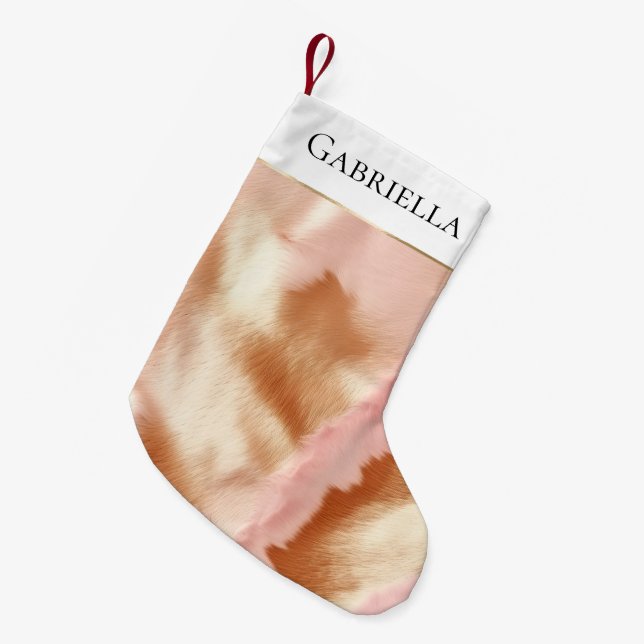 Pink Cream Tan Southwest Cowgirl Cowhide Kleiner Weihnachtsstrumpf (Vorderansicht (hängend))