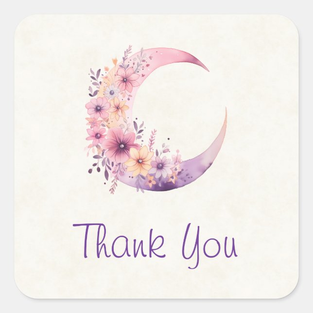 Pink Crescent Moon mit Hübschen Blume Danke Quadratischer Aufkleber (Vorderseite)