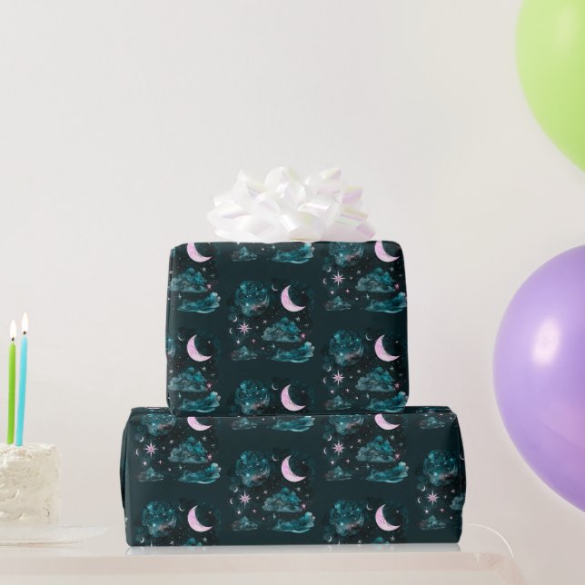 Pink Crescent Moon Stars Celestial Blue Halloween Geschenkpapier (Partygeschenke)
