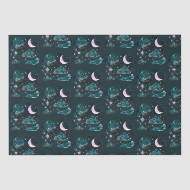 Pink Crescent Moon Stars Celestial Blue Halloween Seidenpapier (Vorderseite)