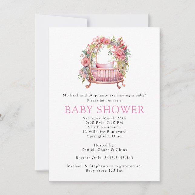 Pink Crib Floral Girl Babydusche Einladung (Vorderseite)