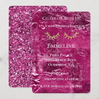 Pink Crinkle Glitzy Gold Glitzer Eyelashes Einladung