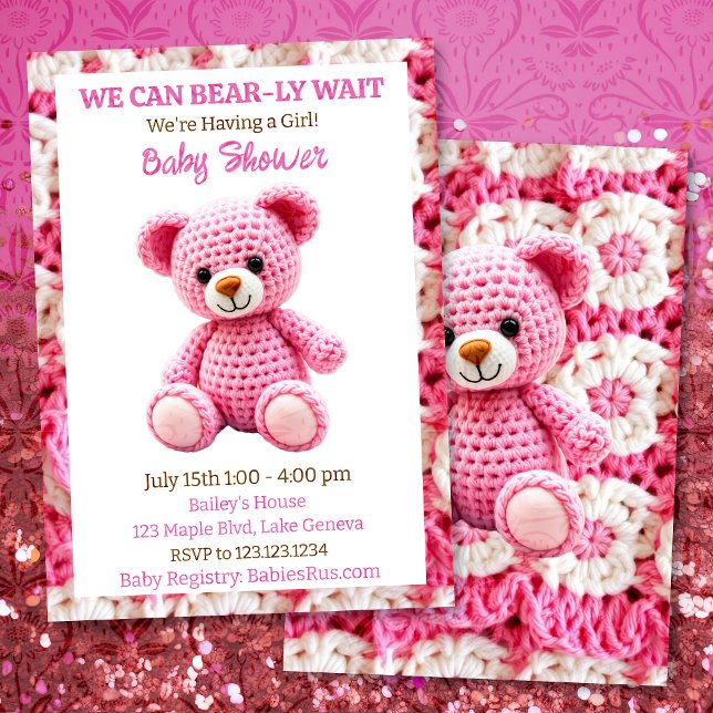 Pink Crocheted Teddy Bear Girl's Baby Shower Einladung (Von Creator hochgeladen)