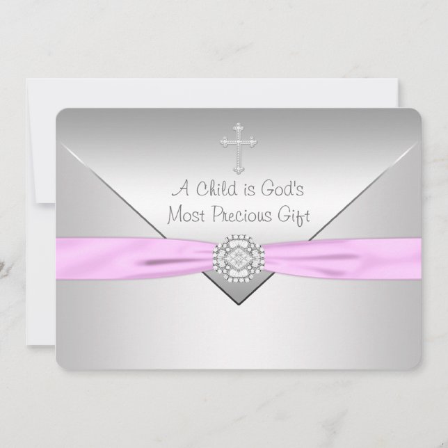 Pink Cross Baby Christening Einladung (Vorderseite)