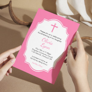 Pink Cross Baby Girl Taufe Christening Einladung