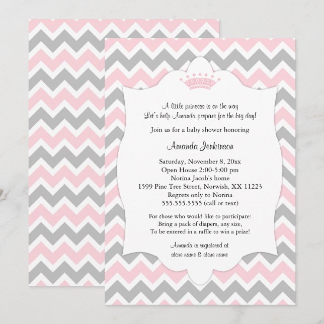 Pink Crown Baby Dusche lädt / Mädchen Prinzessin e Einladung (Vorne/Hinten)