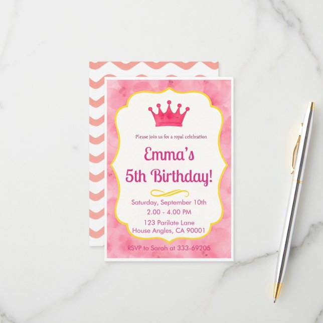Pink Crown Birthday Einladung | Zazzlemade Magie (Vorderseite/Rückseite Beispiel)