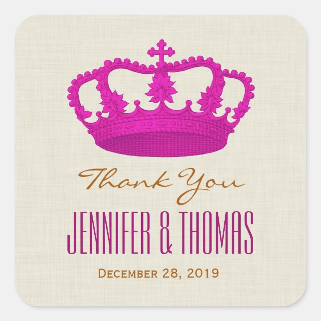PINK Crown Vielen Dank Bride Groom Wedding V25 Quadratischer Aufkleber (Vorderseite)