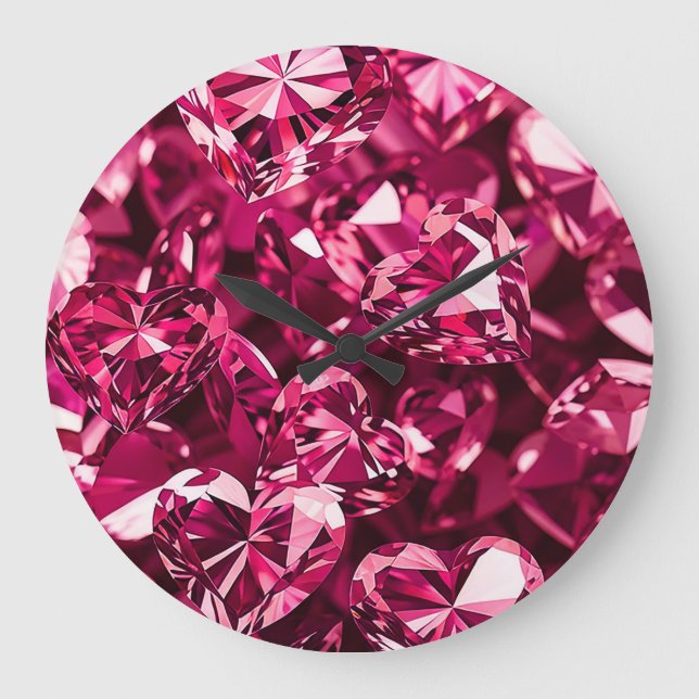Pink Crystal Diamond Hearts Große Wanduhr (Vorderseite)