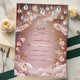 Pink Crystal Drops Opulent Floral Wedding RSVP Karte