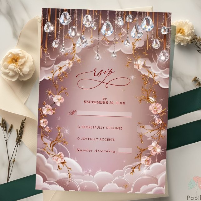 Pink Crystal Drops Opulent Floral Wedding RSVP Karte (Von Creator hochgeladen)