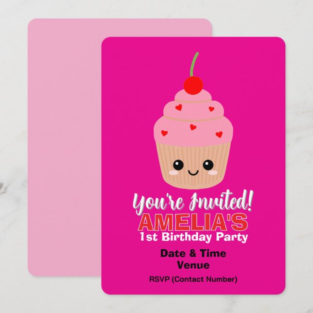 Pink Cupcake 1. Geburtstag Einladungskarte (Vorne/Hinten)