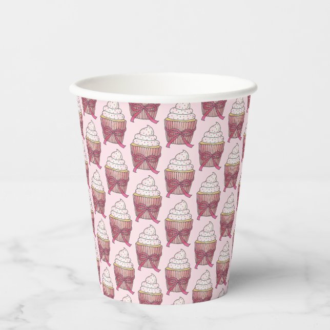 Pink Cupcake Bow Sprinkles Wedding Brautparty Pappbecher (Vorderseite)