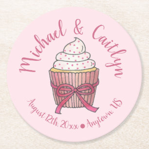 Pink Cupcake Bow Sprinkles Wedding Brautparty Runder Pappuntersetzer