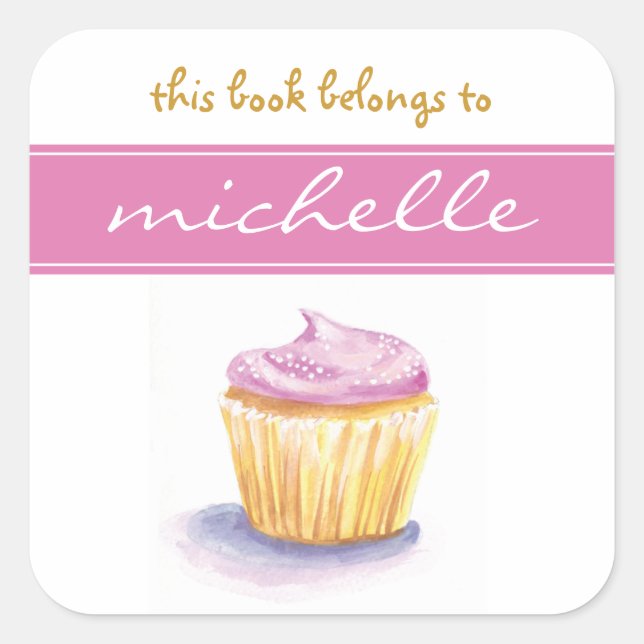 Pink Cupcake Buchzeichen Quadratischer Aufkleber (Vorderseite)