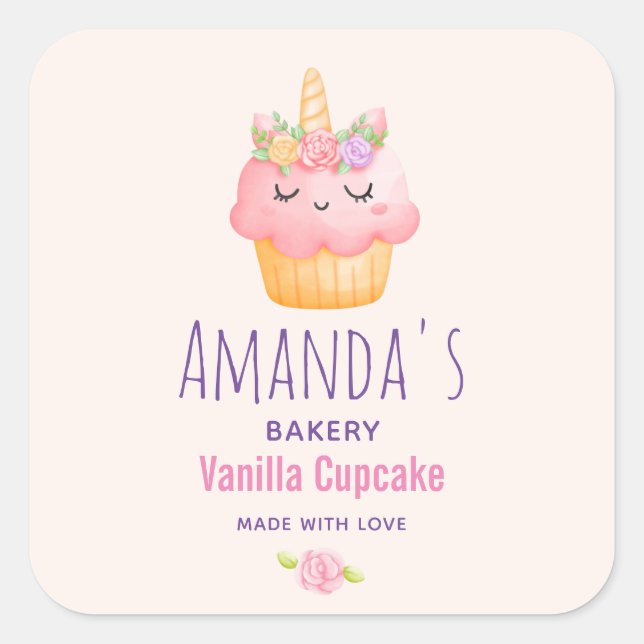 Pink Cupcake Einhorn mit Rose Bäckerei Business Quadratischer Aufkleber (Vorderseite)