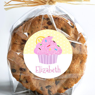 Pink cupcake gelbe Herzen Name niedlich moderne Sc Runder Aufkleber