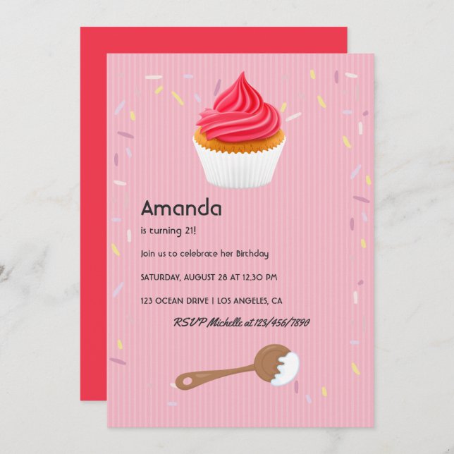 Pink Cupcake Invitation de fête d'anniversaire (Devant / Derrière)