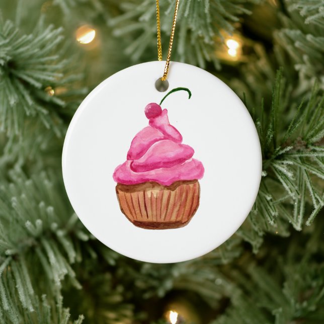 Pink Cupcake mit Cherry Keramik Ornament (Baum)