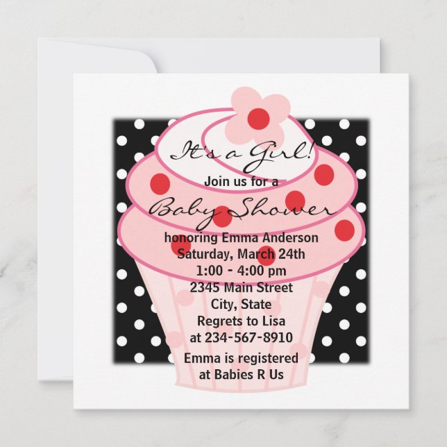 Pink Cupcake Pink Black Polka Dot Baby Dusche Einladung (Vorderseite)