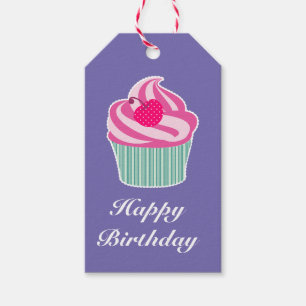 Pink Cupcake WIth Polka Dot Cherry Happy Birthday Geschenkanhänger