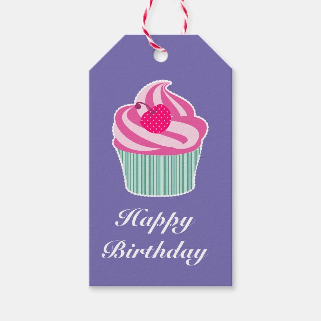 Pink Cupcake WIth Polka Dot Cherry Happy Birthday Geschenkanhänger (Vorderseite)