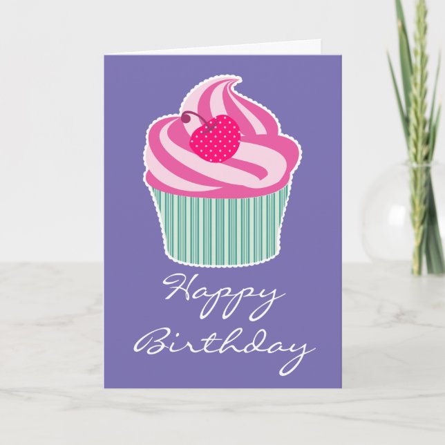 Pink Cupcake WIth Polka Dot Cherry Happy Birthday Karte (Vorderseite)