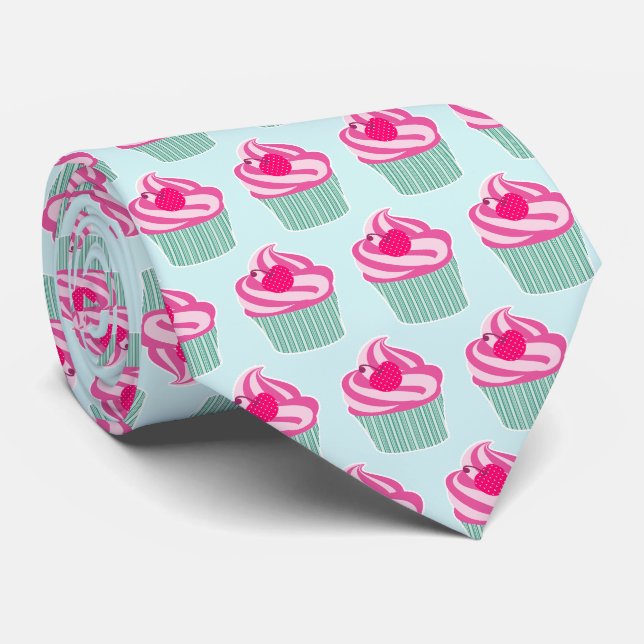 Pink Cupcake WIth Polka Dot Cherry Krawatte (Gerollt)
