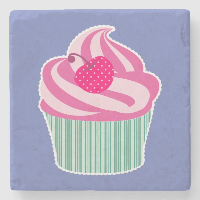 Pink Cupcake WIth Polka Dot Cherry Steinuntersetzer (Vorderseite)