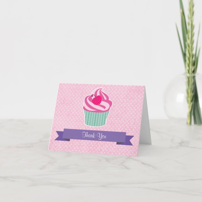 Pink Cupcake WIth Polka Dot Cherry Vielen Dank Dankeskarte (Vorderseite)