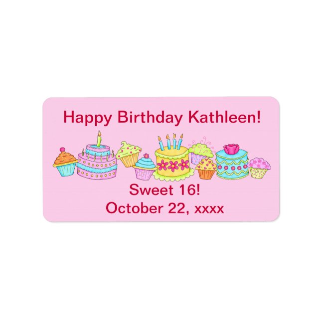 Pink Cupcakes/Cake Happy Birthday Sweet 16 Adressaufkleber (Vorne)