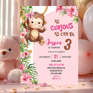 Pink Curious Monkey Savannah Theme Birthday Einladung
