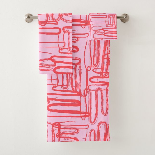 Pink Curve Wavy Squiggle Abstract Modern Badhandtuch Set (Insitu)
