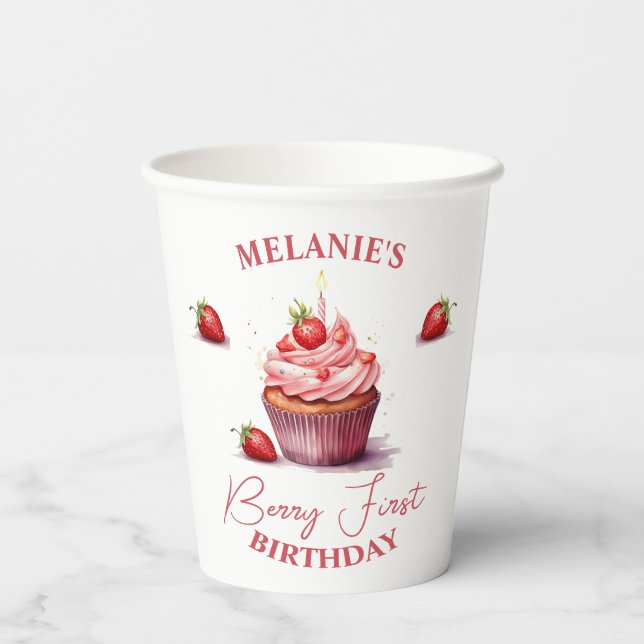 Pink Custom Berry First Birthday Party Pappbecher (Rückseite)