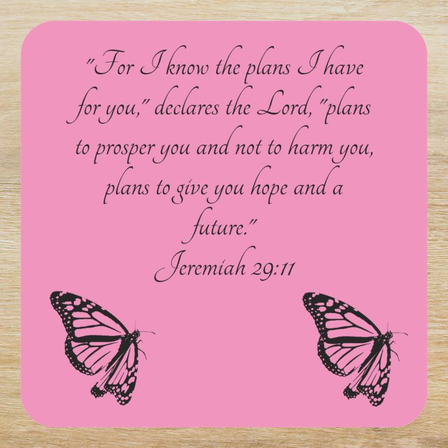 Pink Custom Bible Verse Butterfly Jeremiah 29:11 Quadratischer Aufkleber (Von Creator hochgeladen)