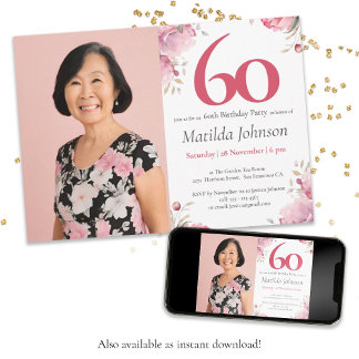 Pink Custom Foto Aquarell Floral 60. Geburtstag Einladung