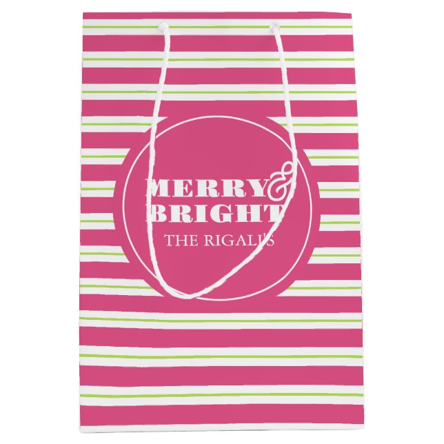 Pink Custom Merry & Bright Weihnachten Mittlere Geschenktüte (Vorderseite)