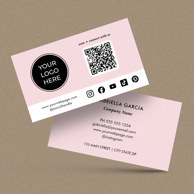 Pink Custom Social Media QR Code Logo Visitenkarte (Card is shown in 3.5 x 2 inches with square corners. Personalize, choose size, paper style + corner.)