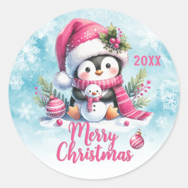 Pink Custom Year Niedlich Pinguin Frohe Weihnachte Runder Aufkleber