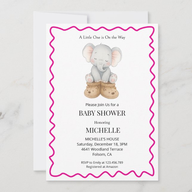 Pink Cute Baby Elephant Baby Shower Invitation  (Devant)