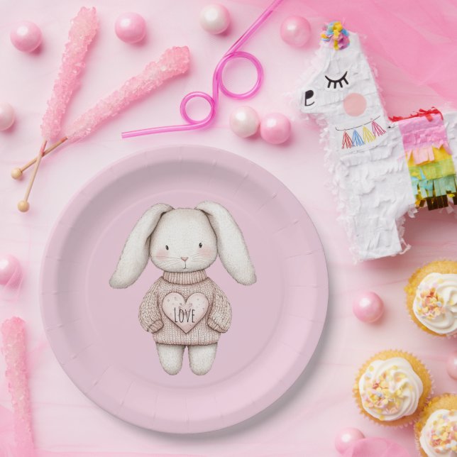 Pink Cute Bunny Pink Sweater Heart Baby Shower Pappteller (Party)